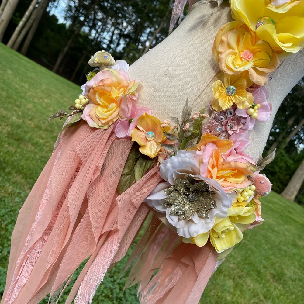 Floral Embellished Pink and Yellow Rose Fairy Monokini Dress Costume - Picture 7 of 8